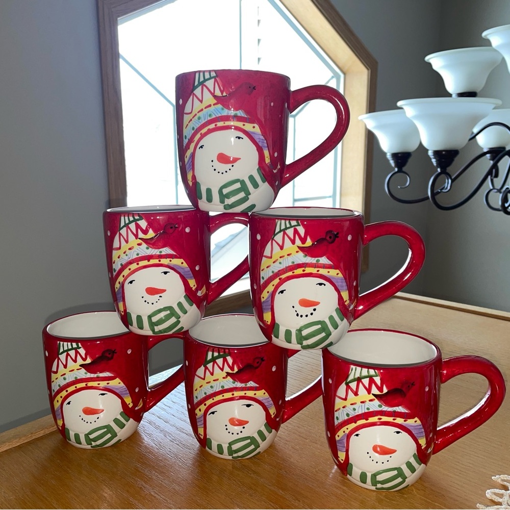 Oneida SET 6 Snowmates Snowman Red Christmas Winter Coffee Cups Hot Cocoa Mugs